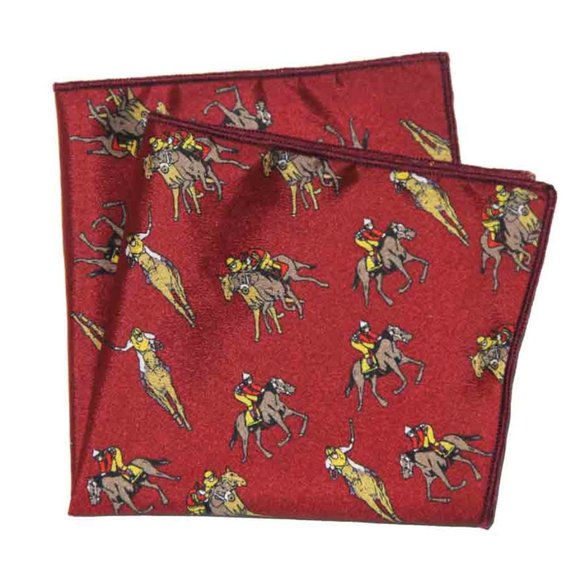 Gascoigne Pocket Square Equestrian Horse Racing Red Brown Yellow Men's 9" X 9" - Picture 1 of 2